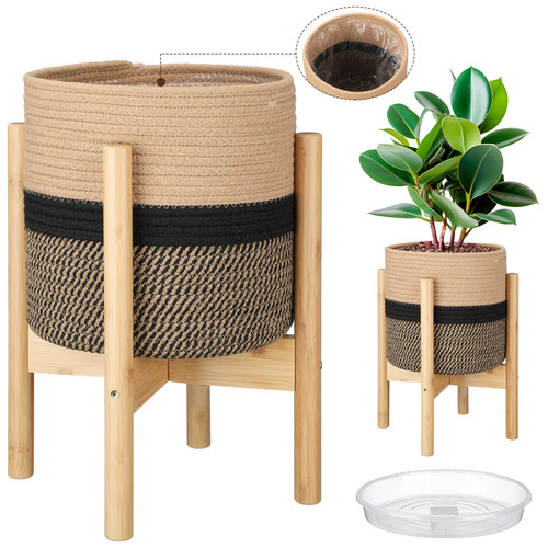 Sunnychicc Plant Basket with Stand,10 Inch,Black and Beige Stripes