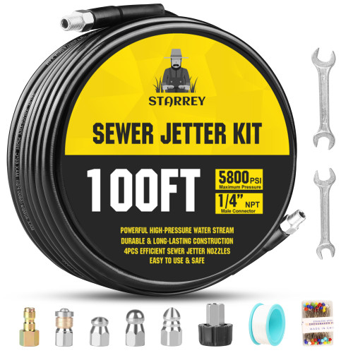 Sewer Jetter Kit for Pressure Washer 100ft 1/4 Inch NPT