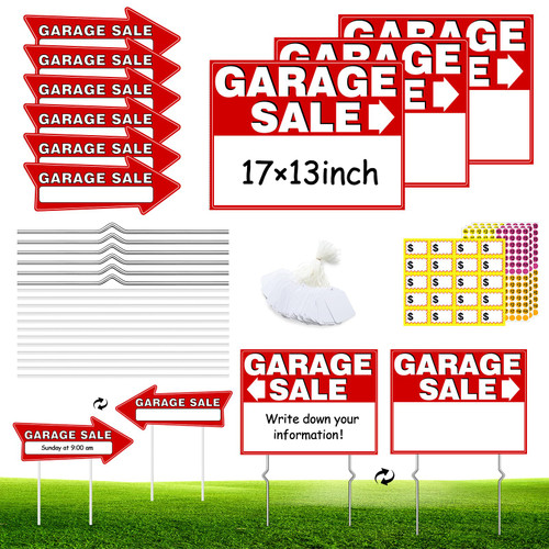 Garage Sale Signs Kit (14Pack)-17x13 Inch Large Garage Sale Sign with Metal Stakes, Double Sided Yard Sale Signs, Garage Sale Supplies Includes 440 Pricing Labels, 6 Arrow Signs & 100 Blank Price Tags