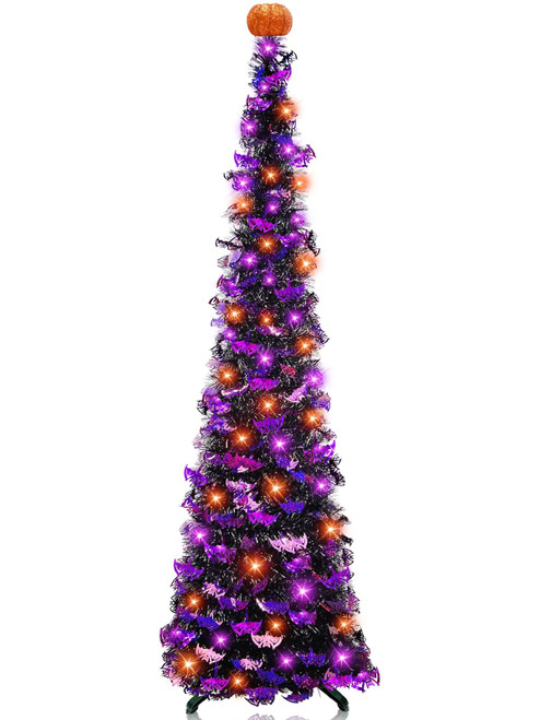 TURNMEON 6 Ft Black Tinsel Halloween Tree with Lights Halloween Decorations