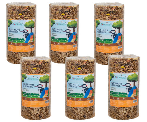 JCs Wildlife Bugs Nuts and Berries Bird Seed Cylinder with Hole, No Mess No Filler Wild Bird Food for Outside Feeders, Attracts Bluebirds Woodpeckers Cardinals Wrens, Made in the USA,1.5 lb, Pack of 6