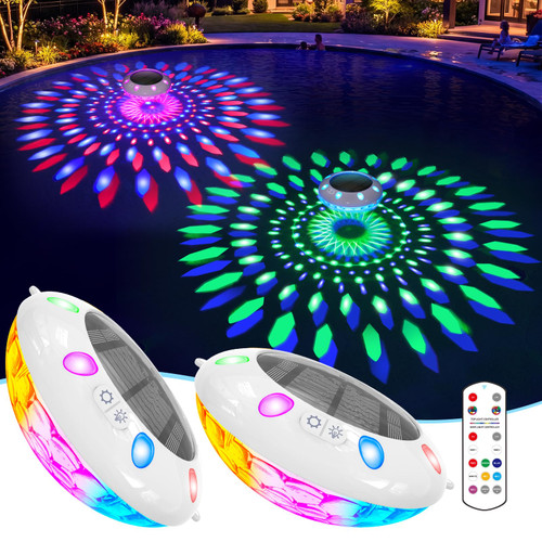 Pooldecor Floating Pool Lights w/Remote, 6.5" Upper & Lower Dynamic LED Color Changing Solar Pool Lights that Float, IP68 Waterproof Solar Floating Light for inground Pools Wedding Party Decor(2)