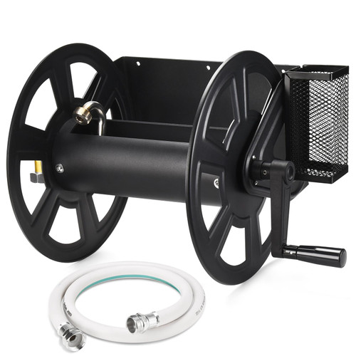 AugFir Garden Wall Mounted Hose Reel, Metal Hose Reel, Holds 125ft of 5/8-Inch Hose(Not equipped), Equipped with 3.9ft Water Supply Hose and Small Storage Basket, Suitable for Gardens & Yards(Black)