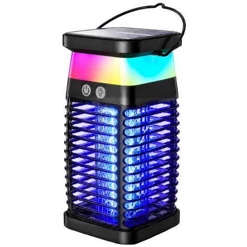 Solar Bug Zapper Outdoor/Indoor, 4000V Electric Mosquito Zapper with Flickering Flame & RGB Atmosphere Light, Cordless Waterproof Rechargeable Mosquito Repellent Outdoor Patio Backyard, Camping, RV