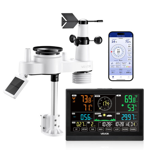 VEVOR 7-in-1 Wi-Fi Weather Station with APP, 7.5-Inch VA Display, Solar Powered Outdoor Sensor, Rain Gauge, Indoor Outdoor for Weather Forecast, Wind Speed, Temperature, Humidity, Rainfall