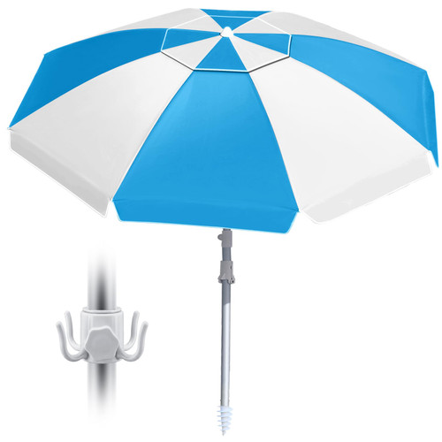CAMPHILL 8FT Beach Umbrellas for Sand,Portable Outdoor Windproof Sun Umbrella with Push Button Tilt and Air Vent,UPF 50+ PU Coating for Patio Garden Pool Backyard,Blue Stripes