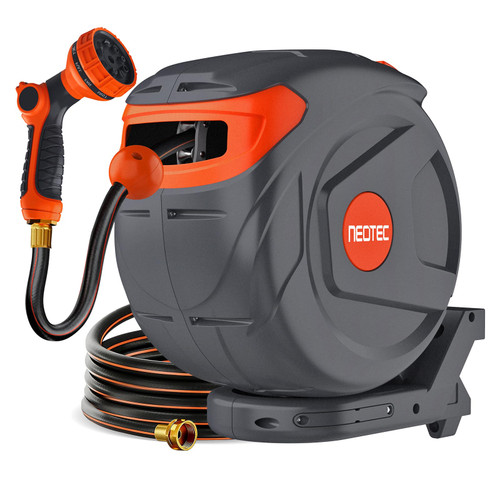 Retractable Garden Water Hose 82ft 1/2 inch, Wall Mounted Hose Reel with Automatic Rewind System, Any-Length Lock & Spray Nozzle for Efficient Yard Work