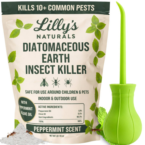 Diatomaceous Earth Food Grade with Peppermint Oil Crawling Insect Killer | with Powder Duster Included | Indoor Pest Control Powder for Bed Bug, Roach, Ant, Fleas | Lilly's naturals, 1 lb