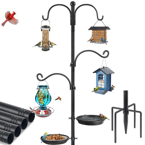 Bird Feeder Pole, Bird Feeding Station 88 Inch Shepherds Hooks for Outdoor Heavy Duty 1 Inch Dia Humming Birds Feeder Stand Hanger Post with 4 Hooks, Water Bowl and Birds Seed Tray