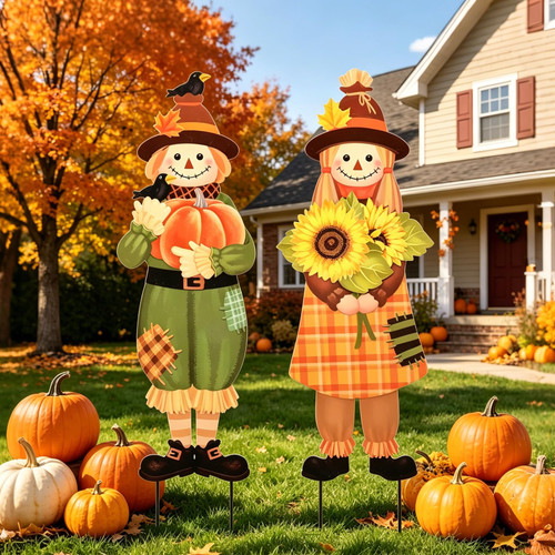 MUMTOP Fall Scarecrow Garden Yard Stake Set of 2,Thanksgiving Outdoor Decor