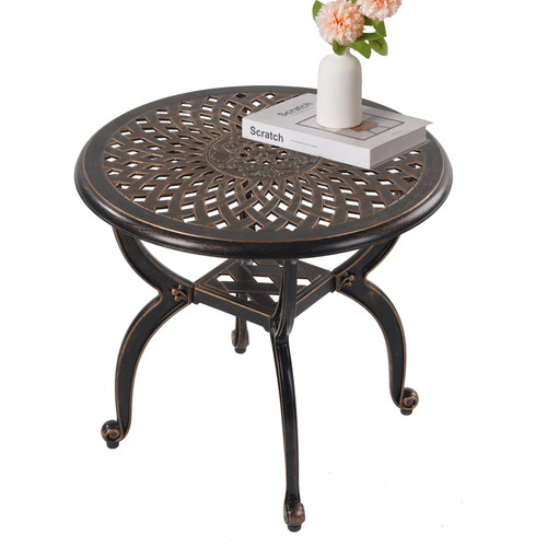 WILOUNGE Cast Aluminum Outdoor Side Table,Small Patio Table,Outdoor Coffee Tables for Patio,Garden,Balcony, for All Weather (Copper, Round)