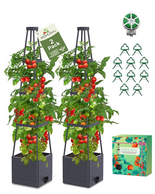 MQHUAYU 2-Pack Tomato Planter with Trellis, 57" Self-Watering Raised Garden Bed Planter Box, Tomato Cages for Indoor & Outdoor Climbing Plants, Vines, Vegetables, and Flowers (57x9.8x9.8IN)