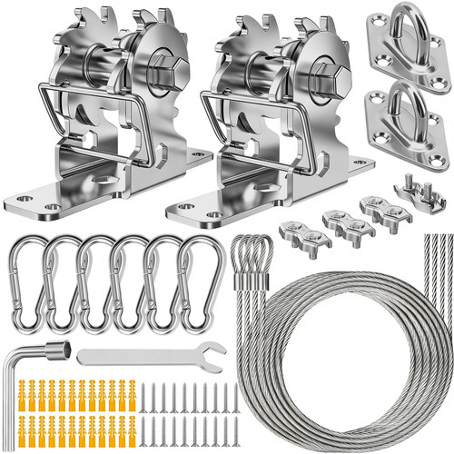 HYASIA Shade Sail Hardware Kit with Ratchet Winch, Heavy Duty 304 Stainless Steel Windproof Sun Shade Tension Kit for Rectangle Triangle Canopy, For Outdoor Patio Garden Vendor(Winch + 4Pcs Wire Rope)