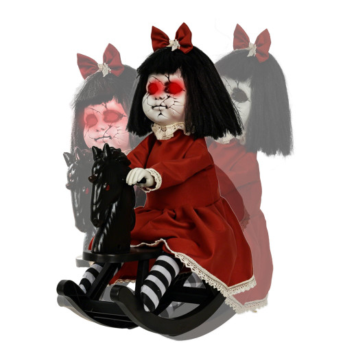 Hourleey Halloween Animatronics Decorations, Sound Activated Girl Doll on Rocking Horse with Lights and Sound, Animated Halloween Decor for Indoor Outdoor Haunted House Party Prop