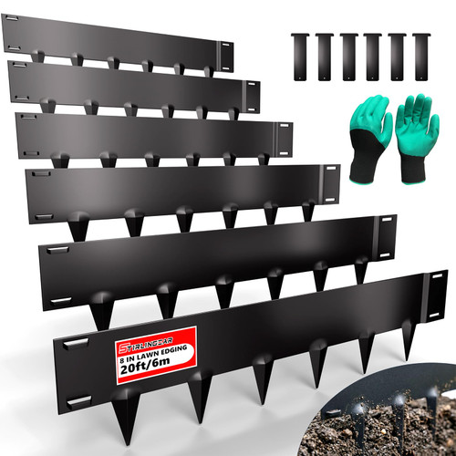Metal Landscape Edging 20FT – 8” Tall Galvanized Steel Garden Border with Built-in Spikes & Connector Pins, No Dig Flexible Lawn Edging for Landscaping, Yard, Walkways & Flower Bed