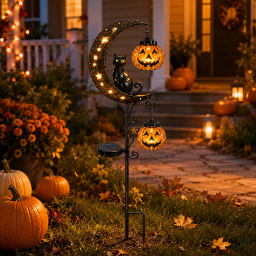 Solar Halloween Black Cat Pumpkin Moon Garden Stake Light for Outdoor Decor
