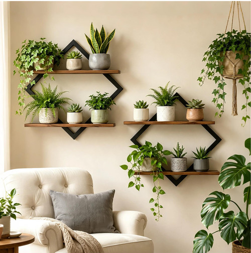 Hoolicute 2 Pack Floating Wall Shelves Plant Holders, Brown