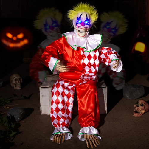 Halloween Animatronic Sitting Clown Decoration–Sound Activated Creepy Clown Prop with Shaking Body, Glowing Eyes & Scary Voice–Indoor/Outdoor Halloween Decor for Yard, Haunted House, Party (48")