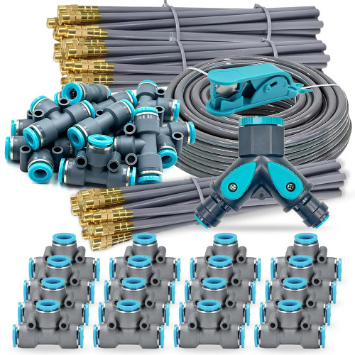 GEEIRR Drip Irrigation System, 100Ft 5/16 Inch Hose, 30 Adjustable Copper Nozzles, Automatic Atomizing Watering Kit for Greenhouse, Outdoor, Raised Bed, Lawn