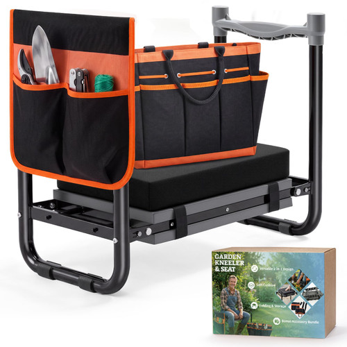 PASAMIC Garden Kneeler and Seat, Wider & Thicker 3.82" Extra-Thick Double Cushion Support, Foldable Heavy Duty Garden Stool Supports 350 lbs, Tool Pouches & Waist Pouch, Gardening Gift for Seniors