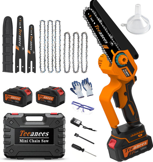 8" Mini Chainsaw Cordless, 1200W Brushless Electric Chain Saw with 2x 4000mAh Batteries & 6 Chains, 2-in-1 Dual Bar (8" & 6") Battery Powered Chainsaw, for Tree Trimming (Orange)