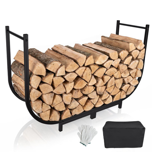 Firewood Rack Outdoor w Thicken Cover, 40 Inch Indoor Large Firewood Rack-Stable Curved Firewood Storage Heavy Duty & Rustproof Metal Log Holder w Hook for X-mas Decoration or Tools Nearby Fireplace