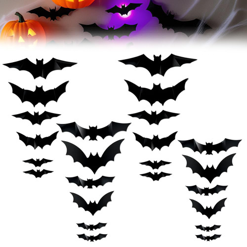 Spooky Glow 3D LED Bat Wall Decor, Halloween Lighted Flashing Bats (24Pcs)