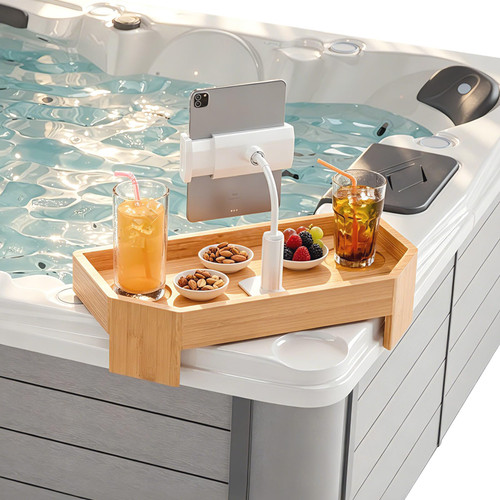 POOLCOMFT Bamboo Hot Tub Tray with Adjustable Phone Holder, Non-Slip