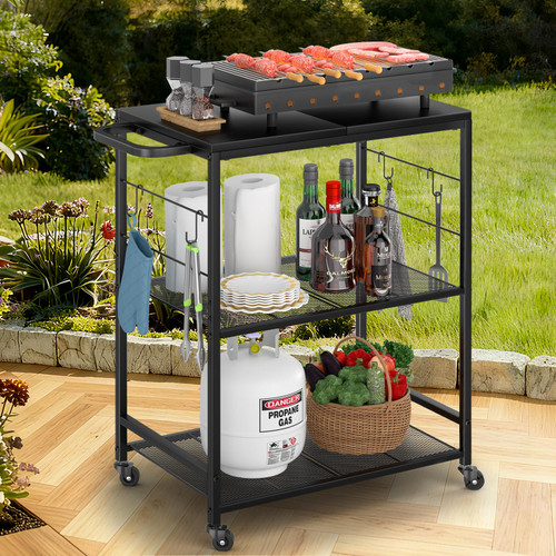 DAOUTIME Grill Cart for Outside, 3-Tier BBQ Food Prep Rolling Table Cart, with 23.62" Lx 15.75" W Rust-Resistant Tabletop, Outdoor Pizza Oven Table Ideal for Patio Backyard Kitchen Tools Room