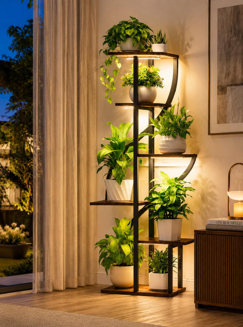MOSTWOGO Plant Stand Indoor with Grow Light, 6 Tiered Plant Shelf Indoor