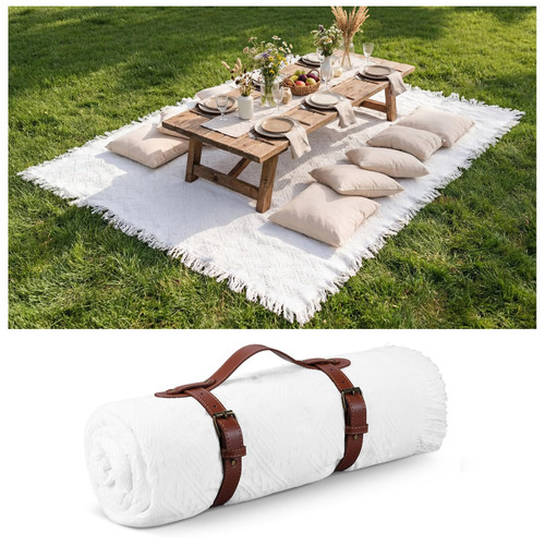 Frienda 70 x 120 Inch Extra Large White Outdoor Picnic Blanket Woven Cotton