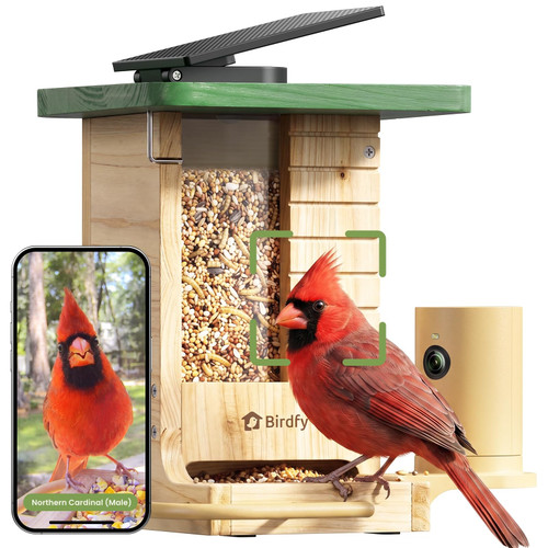 Birdfy Smart Bird Feeder with Camera Solar Powered, Slow-Motion Video & Night Insight, AI Identify 6000+ Species Lifetime Free, Ideal for Outdoors Bird Watching & Gifts for BirdLovers, Wood