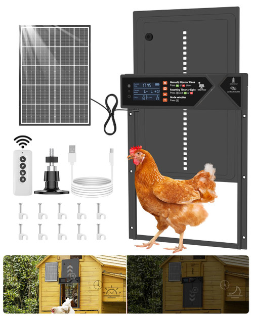 Large Automatic Chicken Coop Door Solar Powered 4000mAh High Capacity-Black