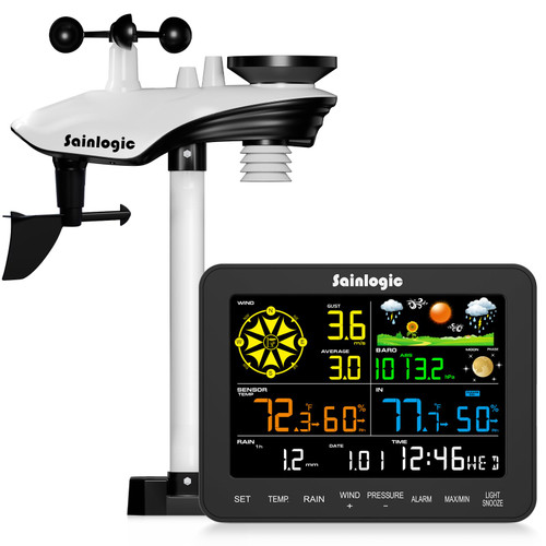 Sainlogic 12-in-1 Wireless Weather Station, 6.5 Inch Display with Adjustable Backlight, Rain Gauge, Wind Speed, Weather Forecast, Air Pressure, Indoor Outdoor Temperature Humidity Monitor (No WiFi)