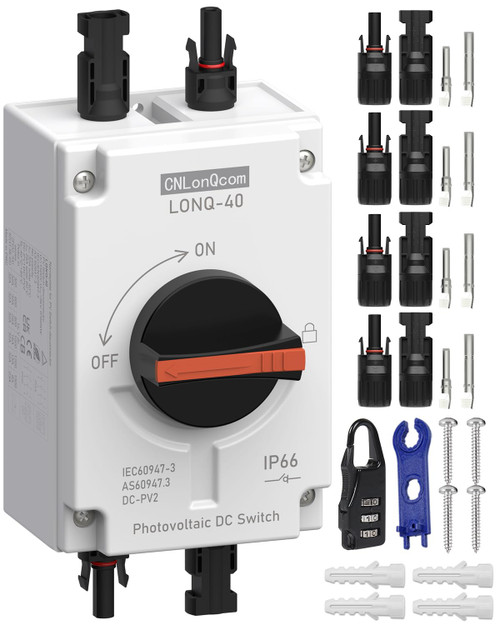 CNLONQ Solar PV Disconnect Switch 32 Amp DC1500V Rapid Shutoff Isolator Switch 1in 1out with Plug & Play Connector and IP66 Waterproof for Rooftop Solar Home Systems, RVs and Boats