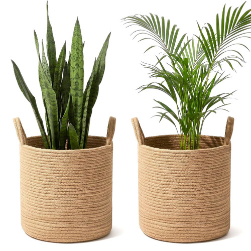 Yiyiring 2 Pack Jute Rope Planter Basket with Handles, 11.8"x11.8" Woven Plant Basket, Natural Indoor Wicker PlanterTree Pot, Storage Bin Boho Home Decor for Organizer, Room Decor, Living Room