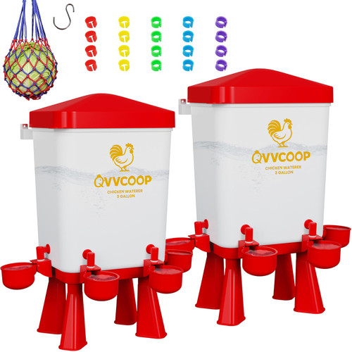 QVVCOOP 2-Pack 3 Gallon Chicken Waterer, Automatic Water Dispenser Container for Poultry Drinking, 10 Cups Included, Stay-Clean Raised Watering Fountain for Duck Bird, Red