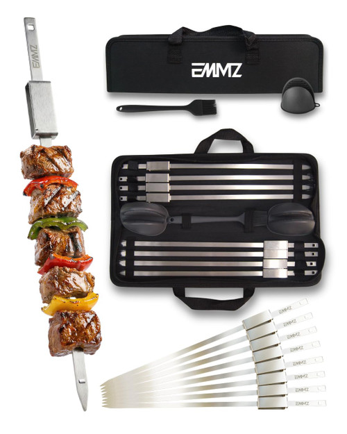 EMMZ Grilling Skewer-16.5"metal skewers with removable Slider in bag(set of 8) flat skewers stainless steel skewers for BBQ-kabob Skewers for kabab Barbecue meat chicken grill shish kebab and camping