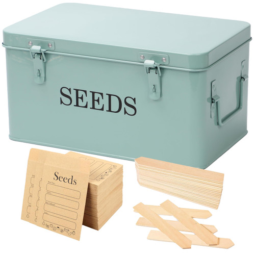 QUILIVIK Large Modern Green Rectangular Metal Seed Storage Box with 4 Compartments and 40 Envelopes and 20 Bamboo Plant Labels