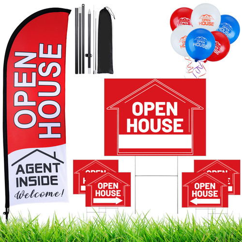 Buryeah 36 Pcs Open House Signs Set, Flag Pole Kit, Arrows Stakes, Red