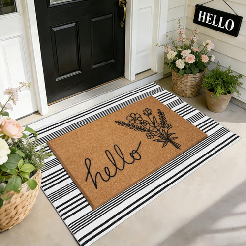 2 PCS Spring Welcome Door Mat Set, 17"x30" Coir Doormat with Non-Slip Backing & Black White Striped Mat, Farmhouse Spring Wildflower Doormat for Layering Front Porch, Patio, Entryway Spring Home Decor
