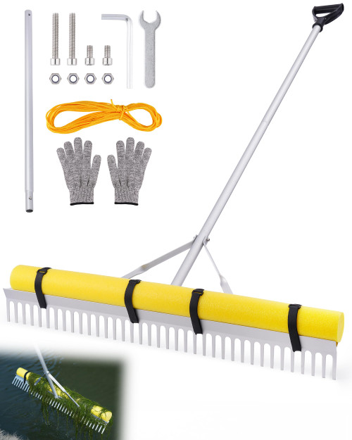 Pond Rake, 36" Floating Rake with 8.5ft (102in) Extension Handle & 52ft Rope, Aluminum Aquatic Weed Rake for Lake, Heavy Duty Landscape Rake for Algae, Muck & Debris Removal, 2-in-1 Water & Land Tool