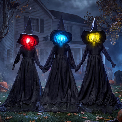 JOYIN Halloween Witch Decorations Outdoor Yard Stakes 3 Pack, 4.2 FT Multicolored Light Up Scary Flying Witch with Sound Activation, for Halloween Graveyard Lawn Yard Garden Decorations