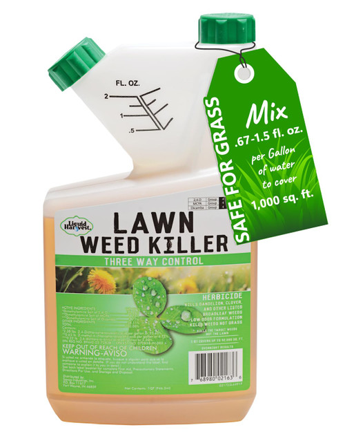 Liquid Harvest Lawn Weed Killer- 32 Ounces - Concentrated Broad Spectrum Herbicide, Three Way Control, Contains 2,4-D, MCPA and Dicamba, Kills Broadleaf Weeds Without Killing Grass
