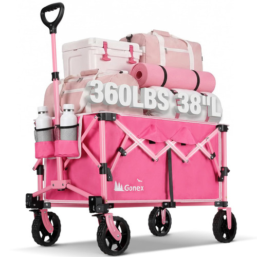 Gonex 38" L Collapsible Wagon Cart Foldable, 220L Folding Utility Cart Pink