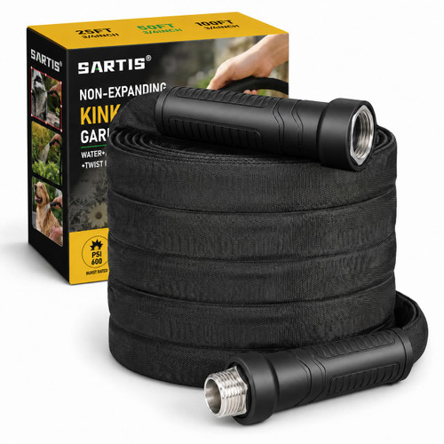 Garden Hose 100 ft x 5/8 in, Lightweight Flexible Water Hose, Kink-Resistant Design, Abrasion-Resistant Outer Cover, Leak-Proof Reinforced Fittings, Durable All-Weather Performance.Black