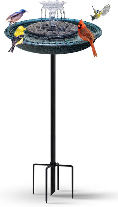 Bird Bath with Solar Fountain, Durable 5-Prong Base Solar Bird Bath with Stable Metal Stake, Detachable Solar Powered Bird Baths for Garden Outdoor Yard Lawn, Spotted Green
