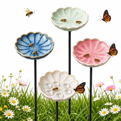 4 Pack Ceramic Bee Watering Station with Stake, Bee Bath for Garden