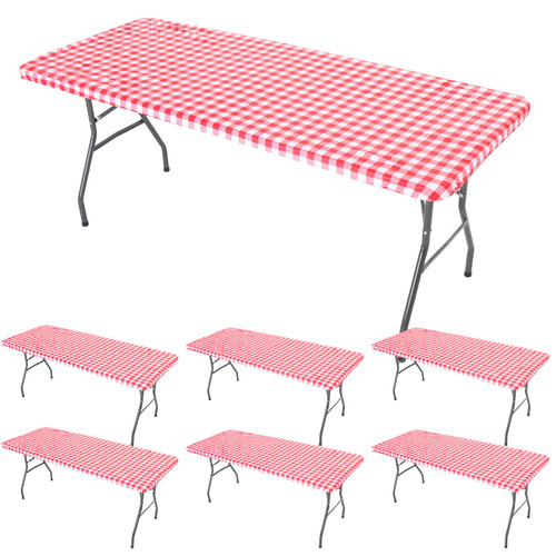 Oudain 6 Pcs Elastic Fitted Picnic Table Covers, Red and White Grid