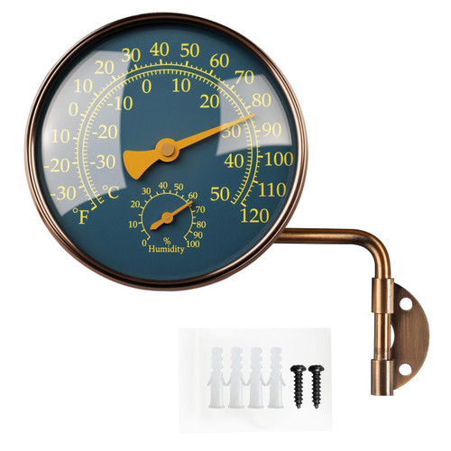 Foxyoo 4" Outdoor Thermometer & Humidity Gauge, Brass Analog Dial